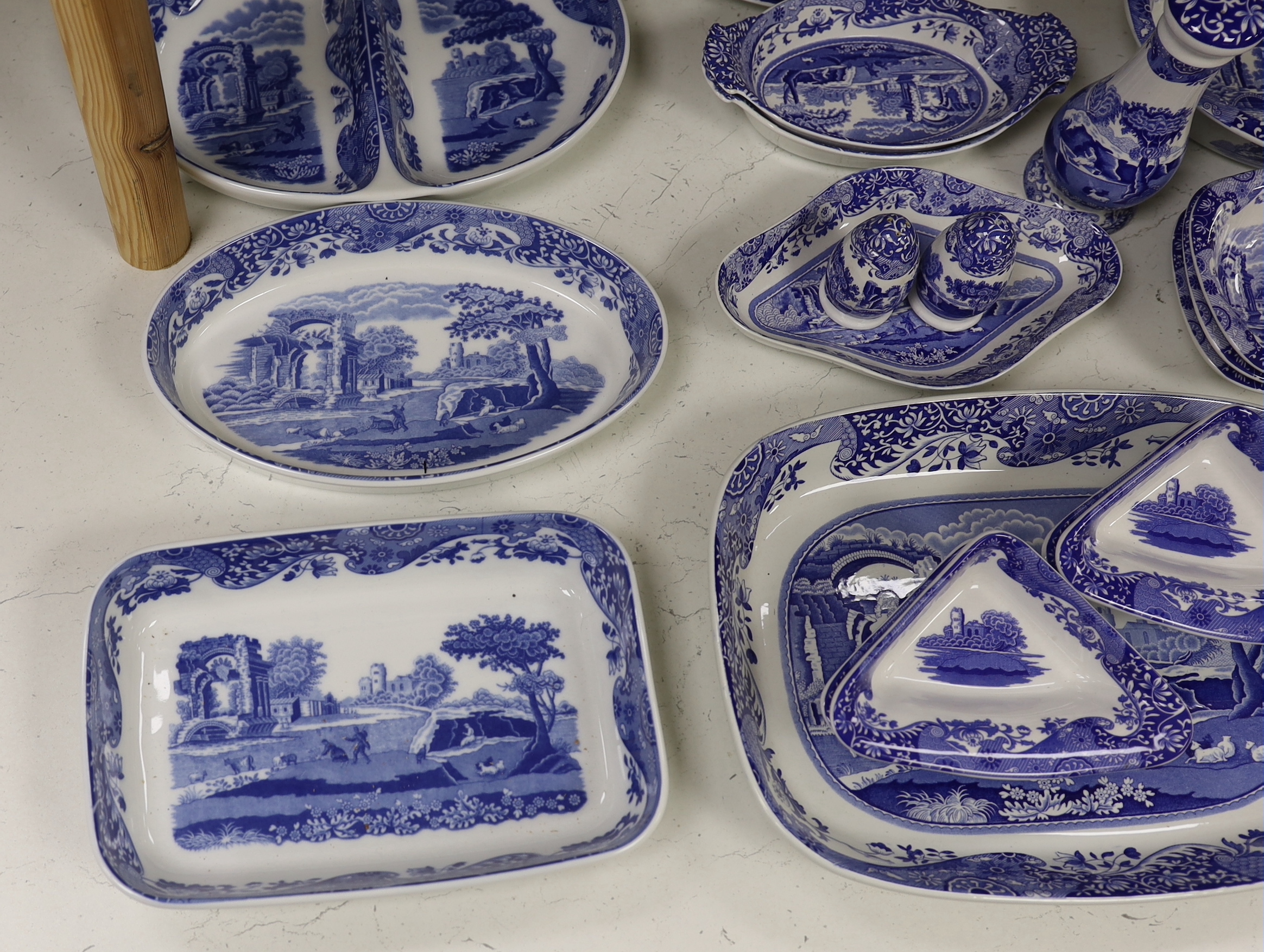 A collection of Spode Italian blue and white various sized serving dishes, cruets etc